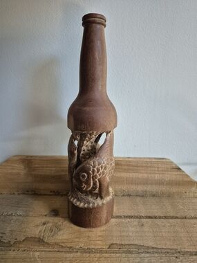 Vintage Hand Carved Wood Bottle Sculpture – Fish Folk Art Openwork Decor